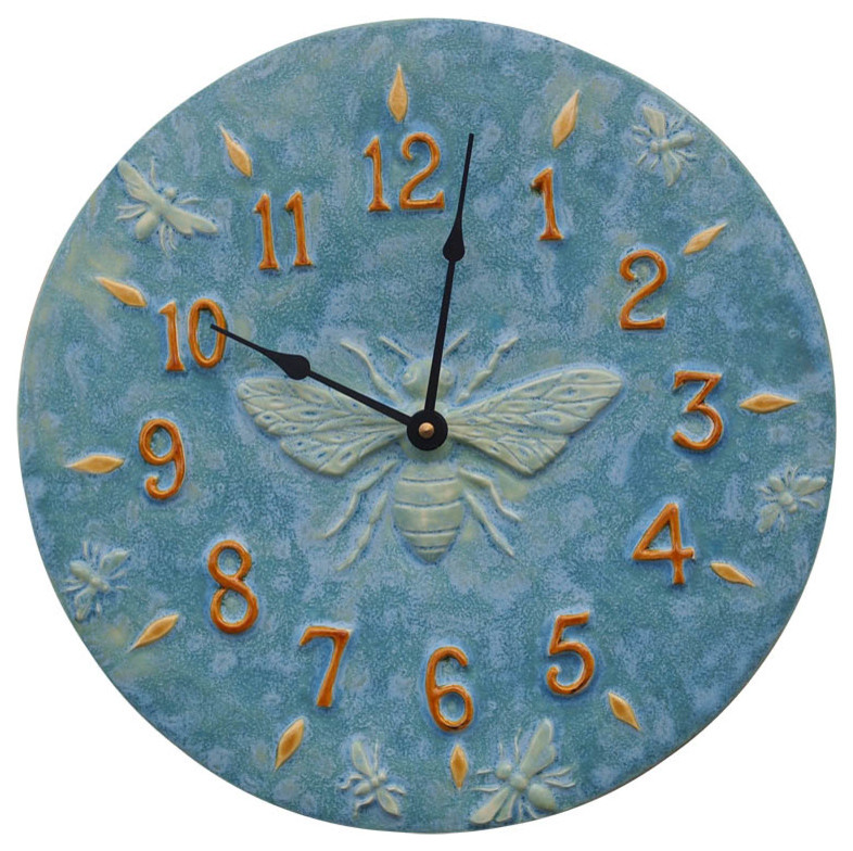 Kitchen Country Home Wall Clock in White 13" Honeybee Ceramic Art Rustic 
