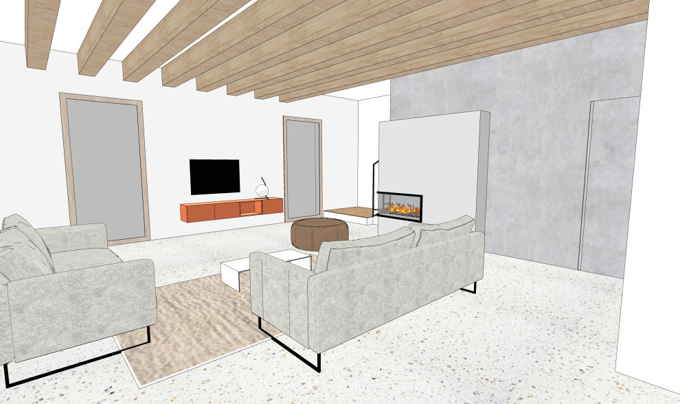 Idee per un grande soggiorno minimal aperto con pareti bianche, camino bifacciale, cornice del camino in cemento, TV a parete, pavimento multicolore e travi a vista