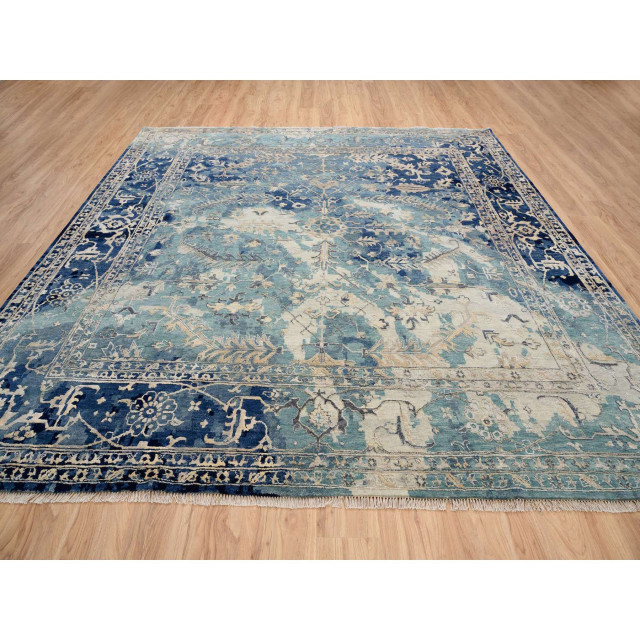 Blue/Teal Persian Heriz Erased Wool And Silk Hand Knotted Square Rug