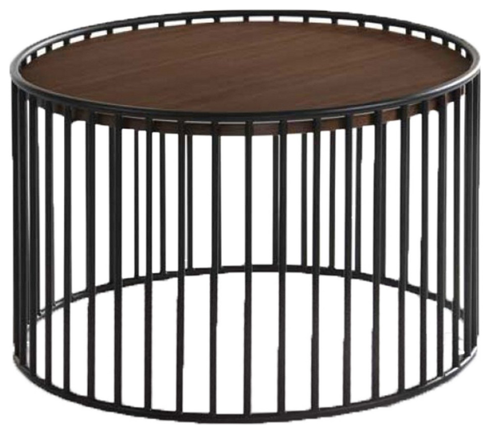 Circular Cage Shaped Metal End Table With Wood Top, Brown And Black