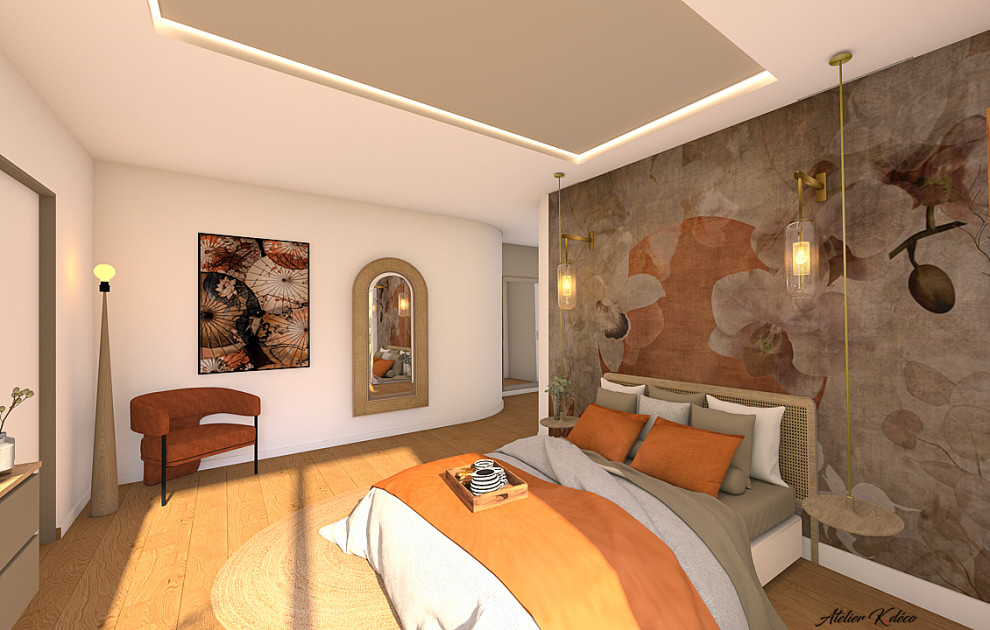 Idée de décoration pour une grande chambre parentale beige et blanche design avec un mur blanc, un sol en bois brun, un sol marron et du papier peint.