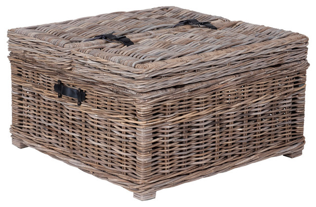 Harbor Gray Rattan Square Coffee Table, Rattan Coffee Table With Storage