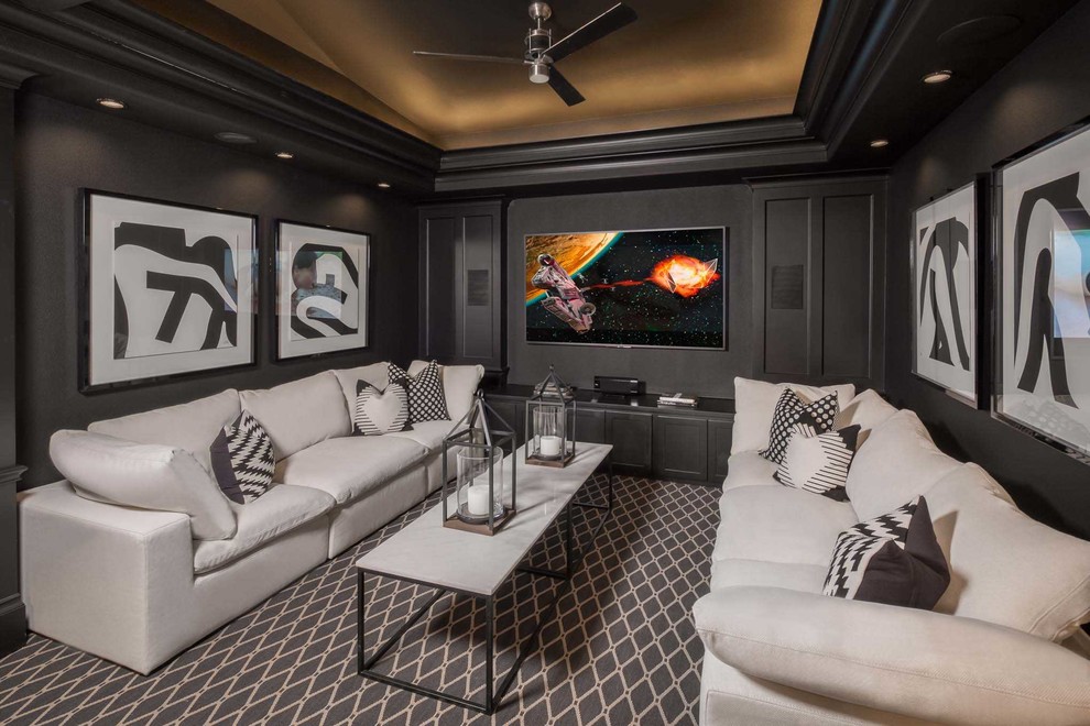 Inspiration for a transitional enclosed carpeted and multicolored floor home theater remodel in Dallas with gray walls and a wall-mounted tv