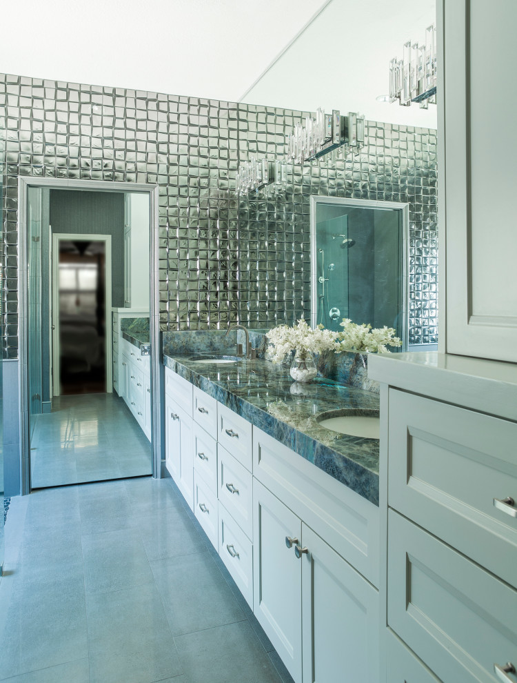 Inspiration for a mid-sized contemporary master bathroom in Other with recessed-panel cabinets, white cabinets, a curbless shower, metal tile, porcelain floors, an undermount sink, marble benchtops, beige floor, an open shower, multi-coloured benchtops, a double vanity and a built-in vanity.