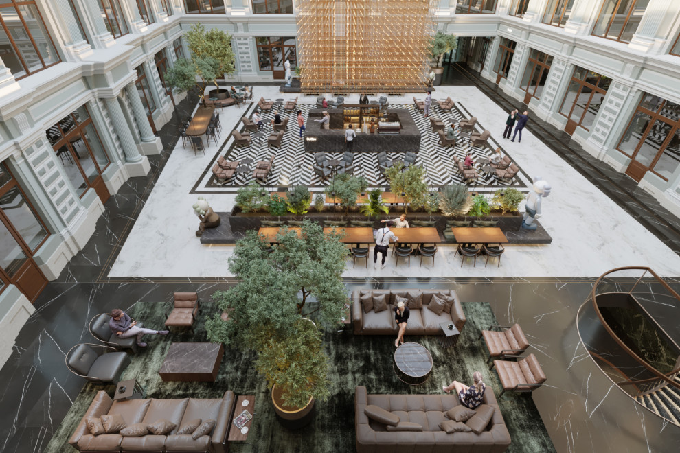 Интерьеры атриума в бизнес-центре "Ветошный, 13", г. Москва