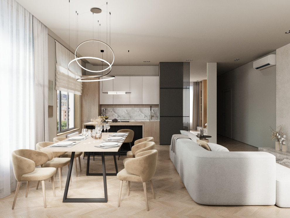 Современный минимализм кухня-гостинная