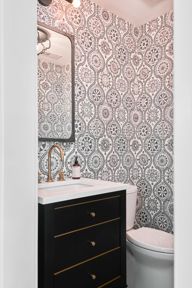 Design ideas for a small contemporary bathroom in Chicago with black and white tile, granite benchtops, white benchtops, a single vanity, a floating vanity, black cabinets, a shower/bathtub combo, multi-coloured walls, ceramic floors, a drop-in sink, black floor and a hinged shower door.