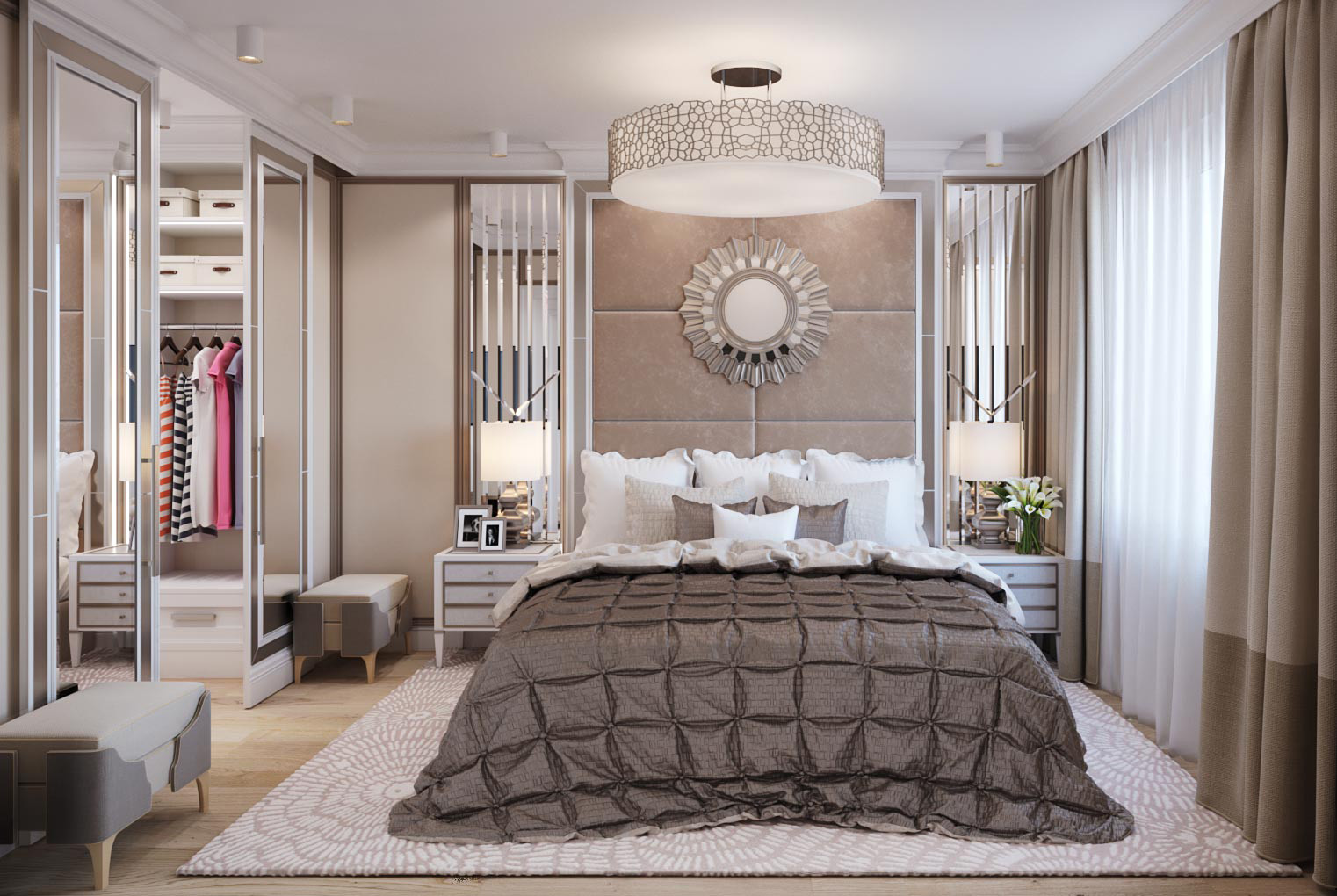 Спальня с гардеробной комнатой. Современная классика с элементами ар-деко