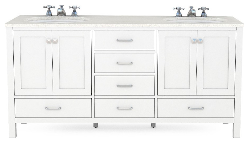 RoomAndLoft Nantucket 72" Wood Bathroom Vanity in White Quartz Top