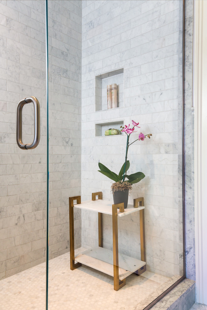 Inspiration for a mid-sized country master bathroom in Birmingham with white cabinets, a freestanding tub, an alcove shower, a two-piece toilet, gray tile, white tile, marble, white walls, marble floors, a pedestal sink, marble benchtops, white floor, a hinged shower door and white benchtops.