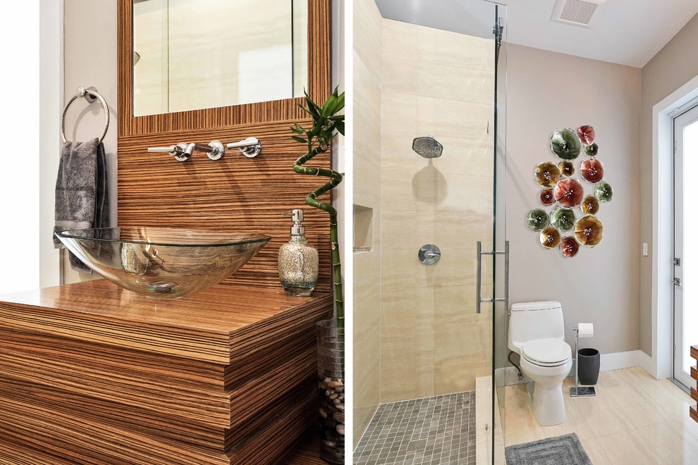 Design ideas for a mid-sized contemporary bathroom in Miami with furniture-like cabinets, medium wood cabinets, a corner shower, a one-piece toilet, beige tile, porcelain tile, beige walls, porcelain floors, an undermount sink, wood benchtops, beige floor and a sliding shower screen.
