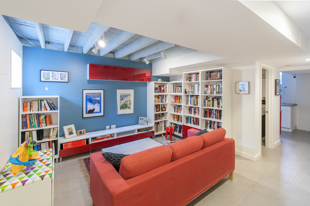 Inspiration for a mid-sized contemporary look-out basement in DC Metro with blue walls.