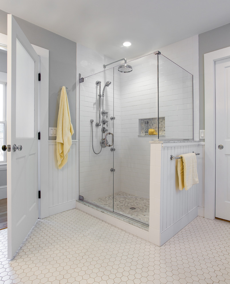 Design ideas for a large country master bathroom in Boston with white cabinets, a claw-foot tub, an alcove shower, a one-piece toilet, white tile, ceramic tile, grey walls, ceramic floors, an undermount sink and granite benchtops.