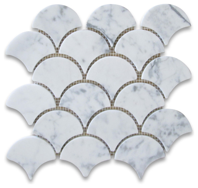 9 5 X9 85 Carrara White Grand Fish Scale Fan Shaped Mosaic Tile 9 5 X9 85 Carrara White Grand Fish Scale Fan Shaped Mosaic Tile Honed