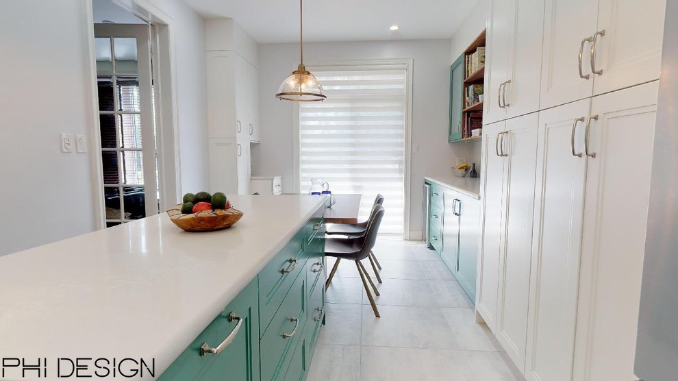 Inspiration for a mid-sized transitional l-shaped porcelain tile and gray floor eat-in kitchen remodel in Toronto with a single-bowl sink, shaker cabinets, white cabinets, quartz countertops, white backsplash, stone slab backsplash, stainless steel appliances, an island and white countertops