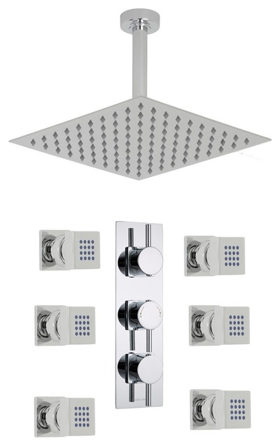 Thermostatic Shower System, Square Head & Ceiling Arm & Body Jets