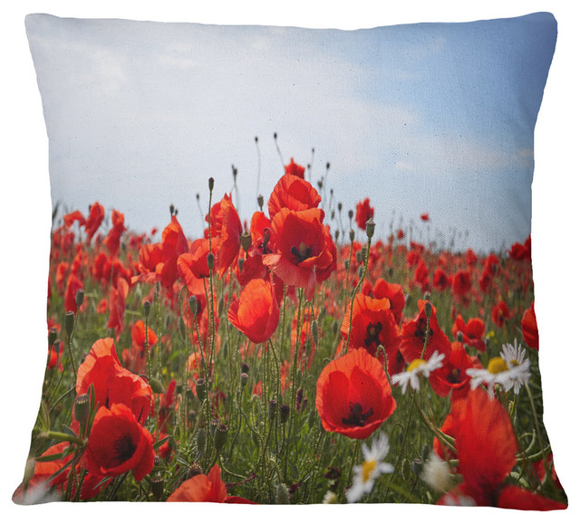 Red Poppies Under Bright Blue Sky Flower Throw Pillow