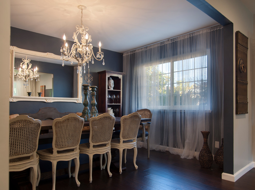 Inspiration for a mid-sized eclectic dining room in San Francisco with blue walls and dark hardwood floors.