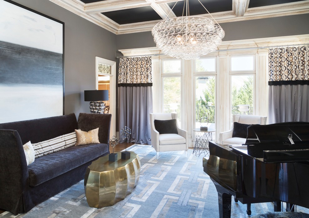 Inspiration for a large transitional enclosed living room in Atlanta with a music area, grey walls, dark hardwood floors, no fireplace, no tv and brown floor.