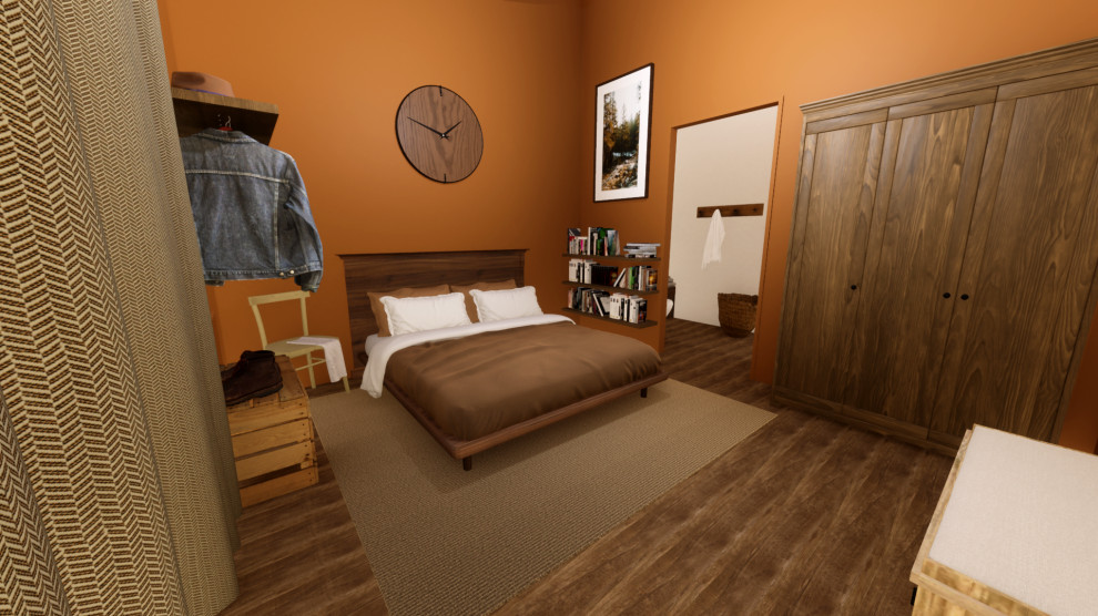 This is an example of a mid-sized midcentury master bedroom in Other with ceramic floors, no fireplace and brown floor.