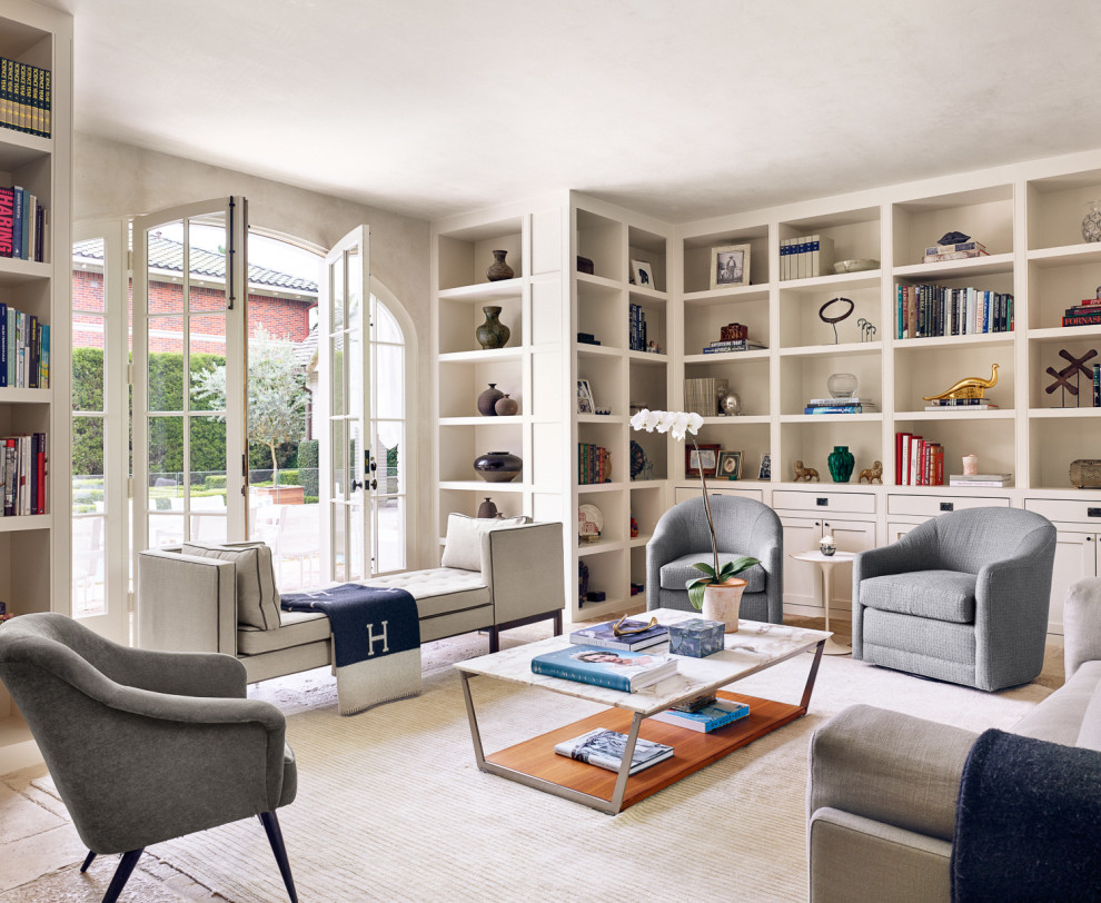 Houston Historic - Mid-sized trendy enclosed carpeted and white floor living room library photo in Houston with beige walls, no fireplace and no tv