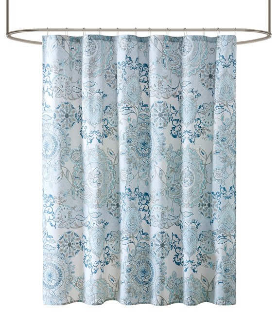 Madison Park Isla Printed Cotton Shower Curtain, Blue Traditional