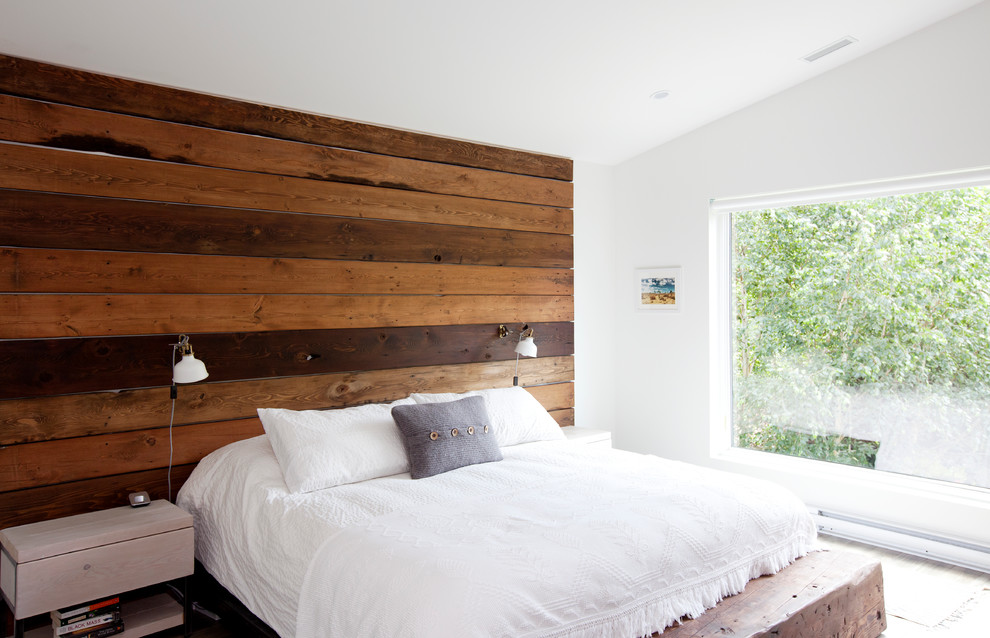 Photo of a large transitional master bedroom in Vancouver with white walls, medium hardwood floors and no fireplace.