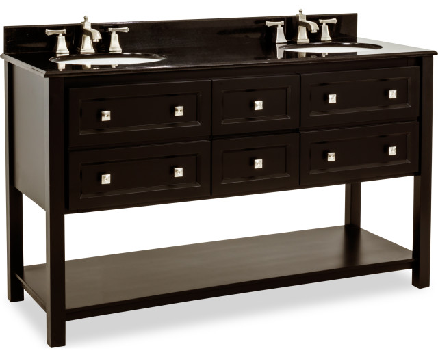 60" Double Black Vanity, Open Bottom Shelf, Black Granite Top, 2 Oval