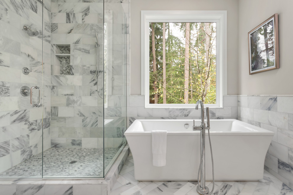 Mid-sized modern master bathroom in Seattle with glass-front cabinets, a corner tub, an alcove shower, a one-piece toilet, beige tile, wood-look tile, a drop-in sink, multi-coloured floor, a shower curtain, a shower seat, a single vanity, a freestanding vanity, exposed beam and panelled walls.
