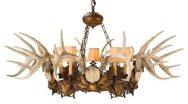 Chandelier Lodge 5 Whitetail Antlers Deer 5-Light Ivory Chestnut Faux