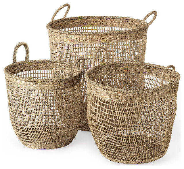 Bowie Medium Brown Seagrass Round Baskets w/Handles (Set of 3)