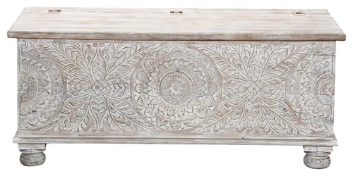 Snow Flower Mango Wood Hand Carved Standing Coffee Table Chest