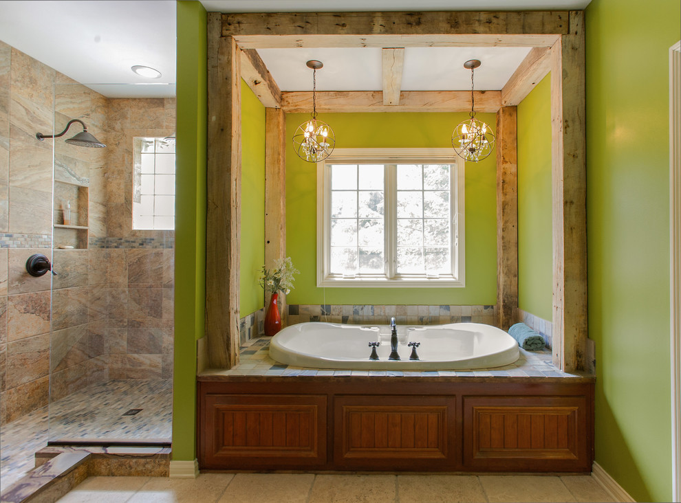 Country bathroom in Indianapolis with a drop-in tub and an alcove shower.