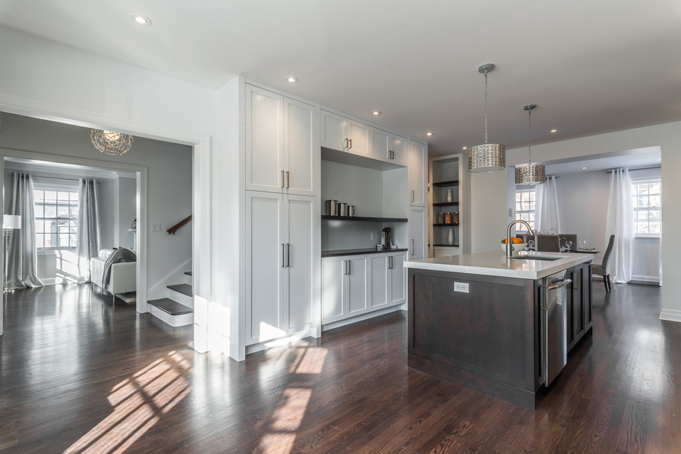 Inspiration for a large contemporary galley kitchen pantry in Montreal with an undermount sink, shaker cabinets, white cabinets, marble benchtops, white splashback, glass sheet splashback, stainless steel appliances, dark hardwood floors and with island.