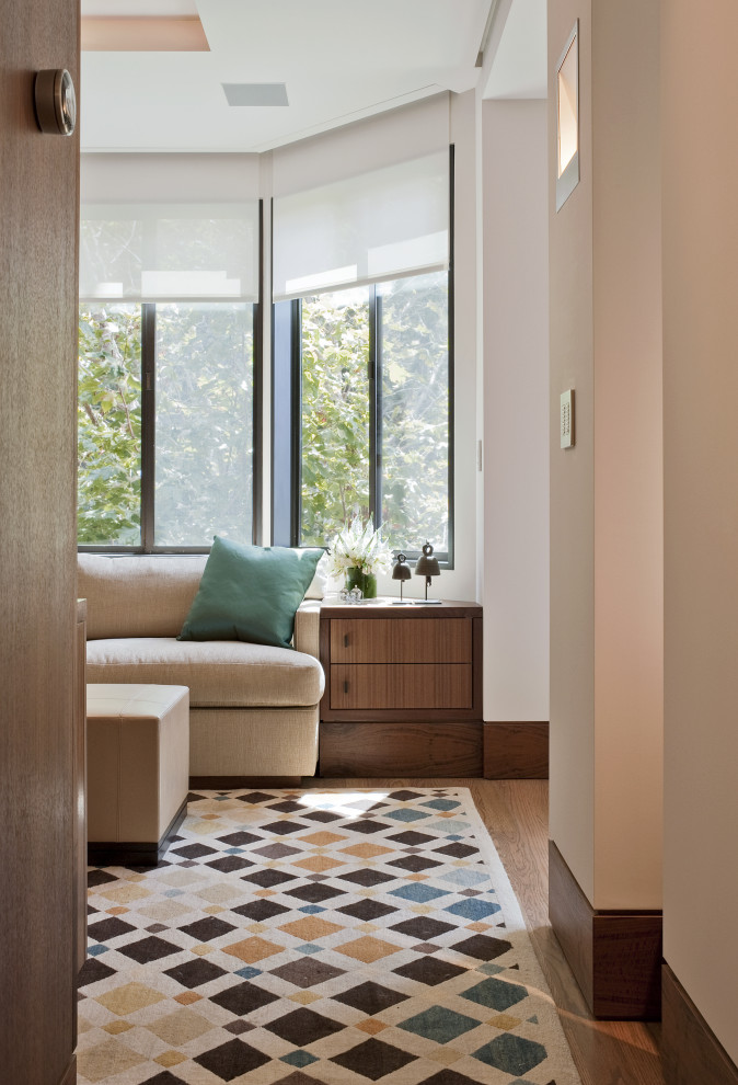 На фото: изолированная гостиная комната в стиле неоклассика (современная классика) с белыми стенами, паркетным полом среднего тона и коричневым полом без камина, телевизора с