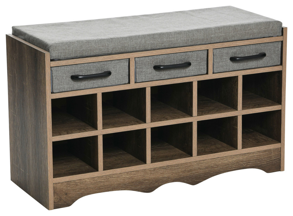 Entryway Storage Bench, 3 Grey Drawers 10 Shoe Compartments, Cushioned