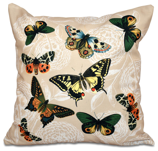 Antique Butterflies And Flowers, Animal Outdoor Pillow, Taupe, 18"x18"