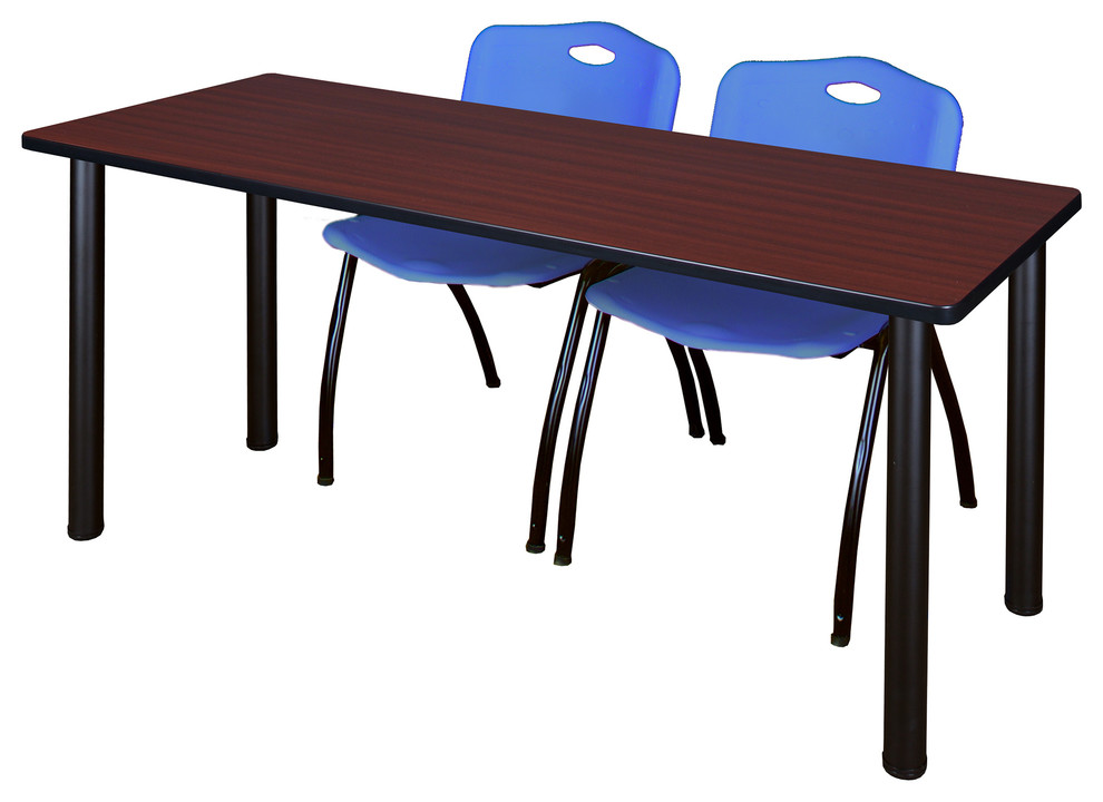 60"x24" Kee Training Table, Mahogany/Black and 2 "M" Stack Chairs, Blue