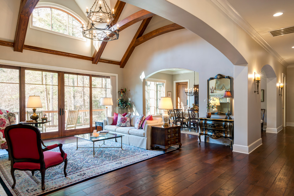 Expansive arts and crafts formal open concept living room in Other with beige walls, dark hardwood floors, a standard fireplace, a tile fireplace surround and no tv.