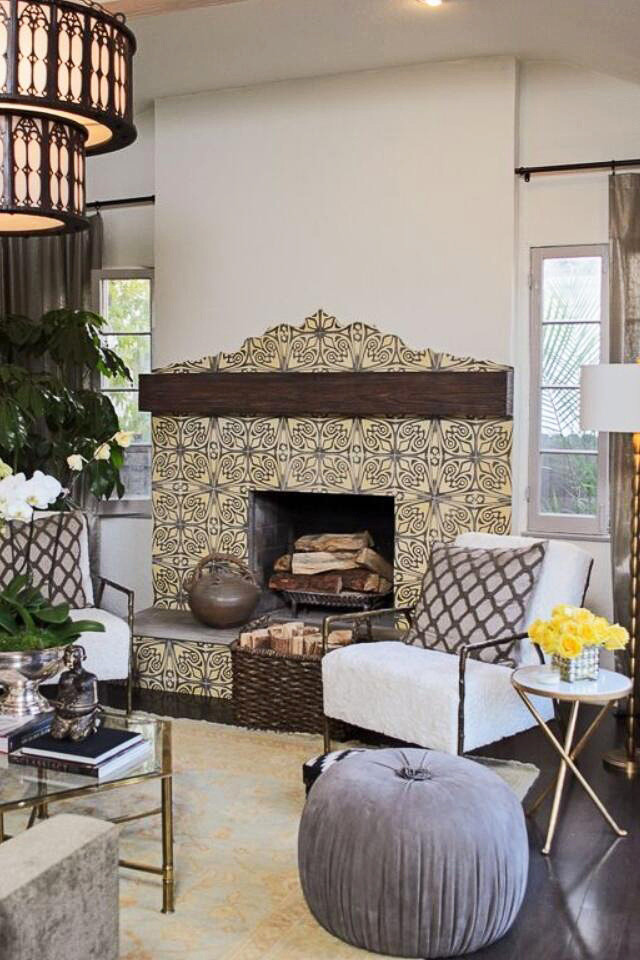 Living room - mid-sized eclectic dark wood floor living room idea in Charlotte with beige walls, a standard fireplace and a tile fireplace