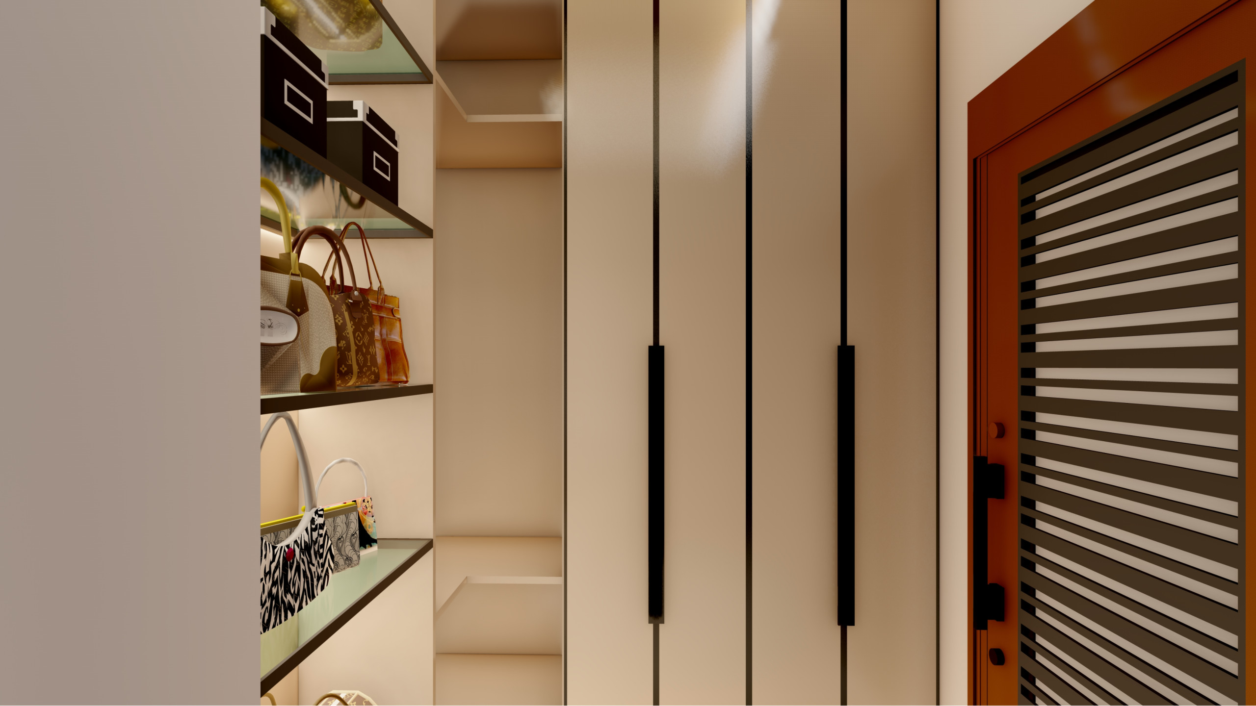 Luxe Minimalist Walk-In Closet with Custom Built-Ins in Dorking