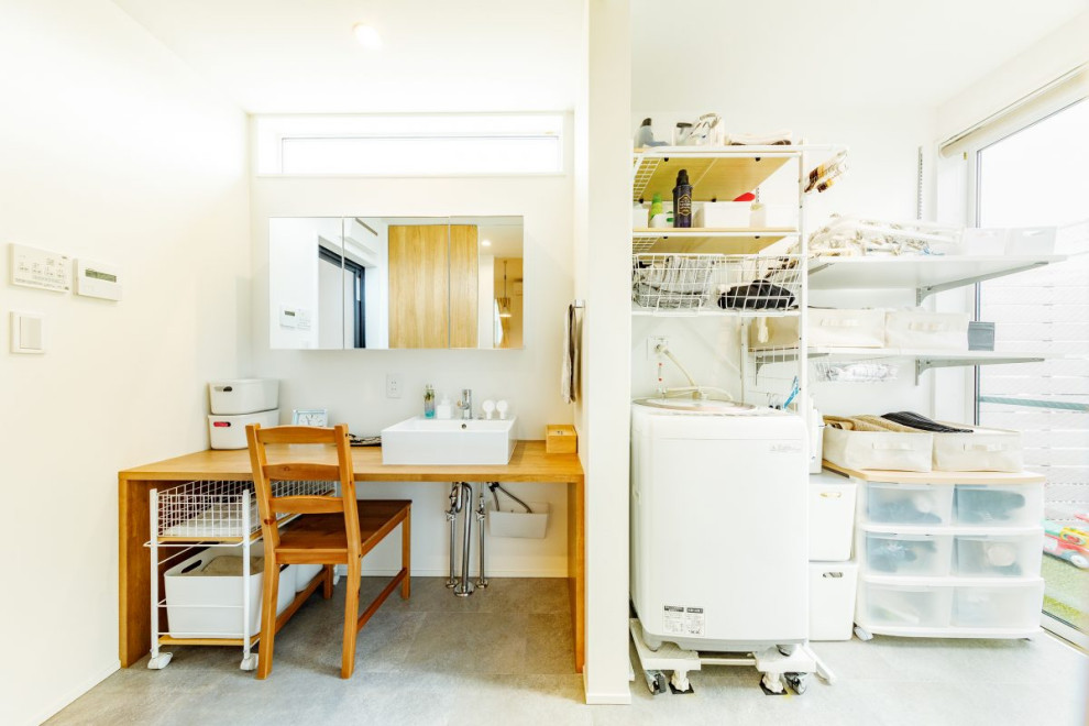 Inspiration for a mid-sized industrial single-wall utility room in Tokyo Suburbs with a drop-in sink, open cabinets, wood benchtops, white walls, porcelain floors, grey floor, brown benchtop, wallpaper and wallpaper.