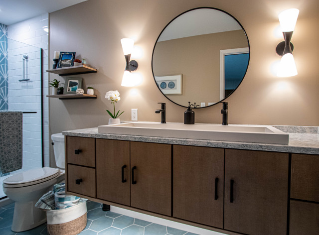 Blue Sink Vanity with White Trough Sink - Transitional - Bathroom