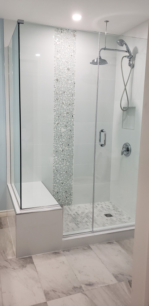 Example of a mid-sized master white tile ceramic tile, white floor and single-sink bathroom design with white cabinets, marble countertops, white countertops and a built-in vanity