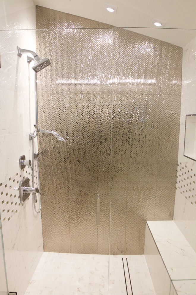 Example of a mid-sized transitional 3/4 gray tile, white tile and mosaic tile marble floor and white floor alcove shower design in Orange County with beaded inset cabinets, white cabinets, white walls, a vessel sink, quartz countertops and a hinged shower door