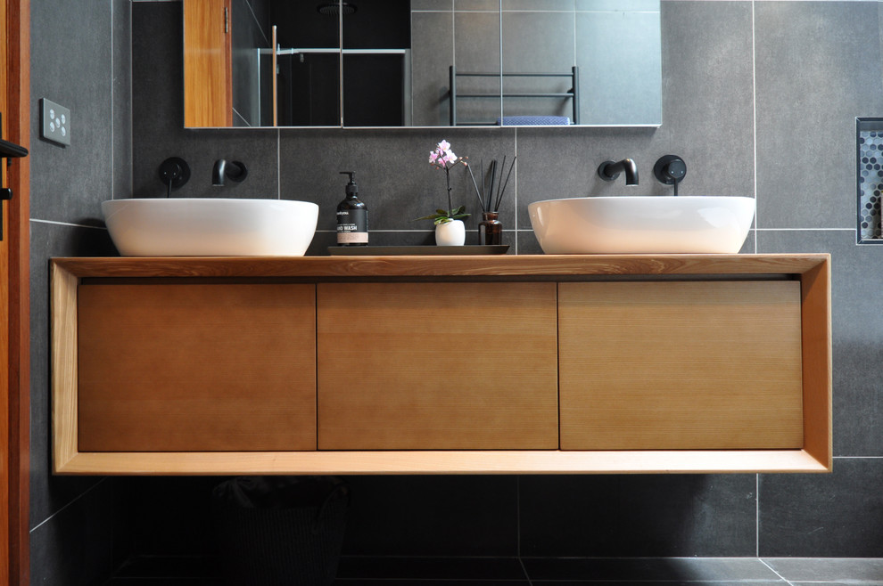 Avonwood Modern Bathroom Dark & Shades of Grey Monochrome with Timber