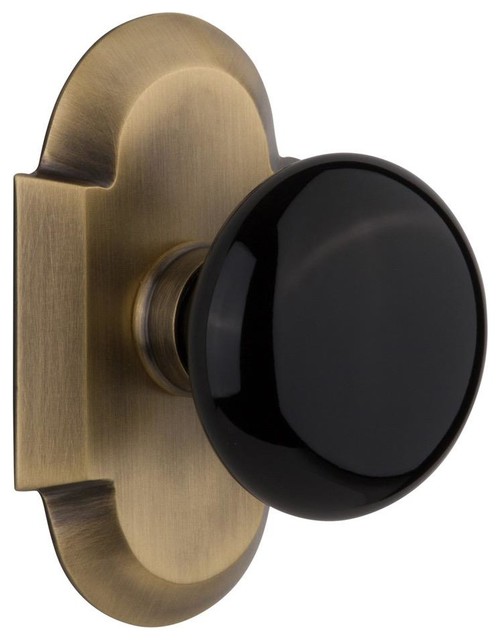 Single Cottage Plate With Black Porcelain Knob, Satin Nickel, Single
