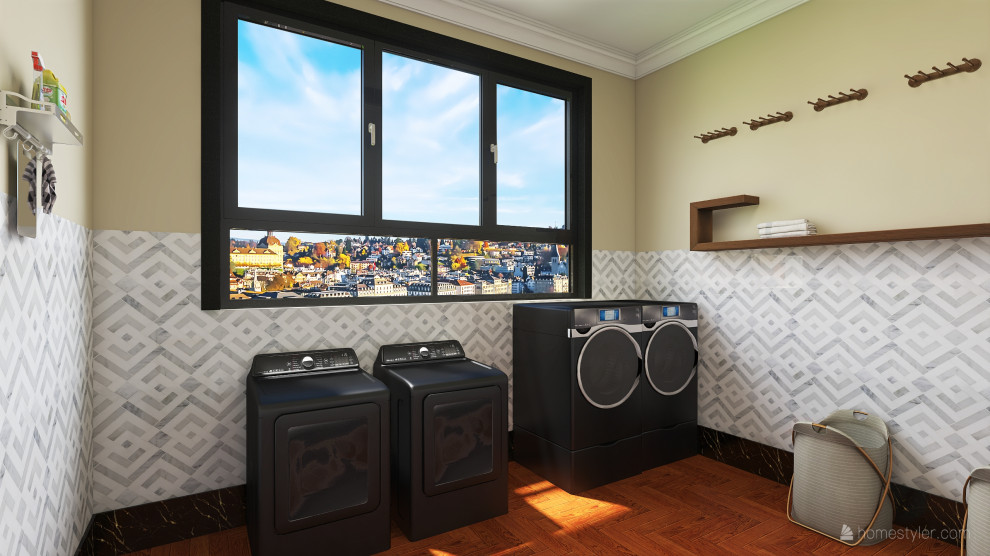 Small modern u-shaped dedicated laundry room in London with grey splashback, beige walls, laminate floors, a side-by-side washer and dryer, brown floor and wallpaper.