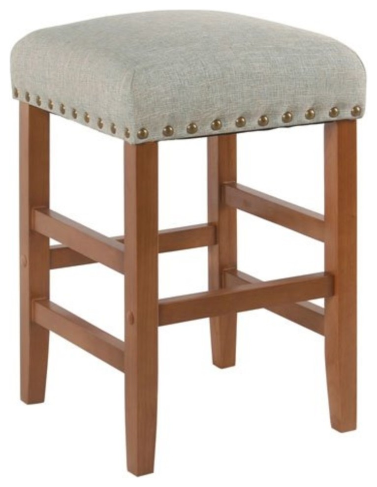 Wooden Counter Stool With Fabric Seat & Nail Head Trim Details, Blue