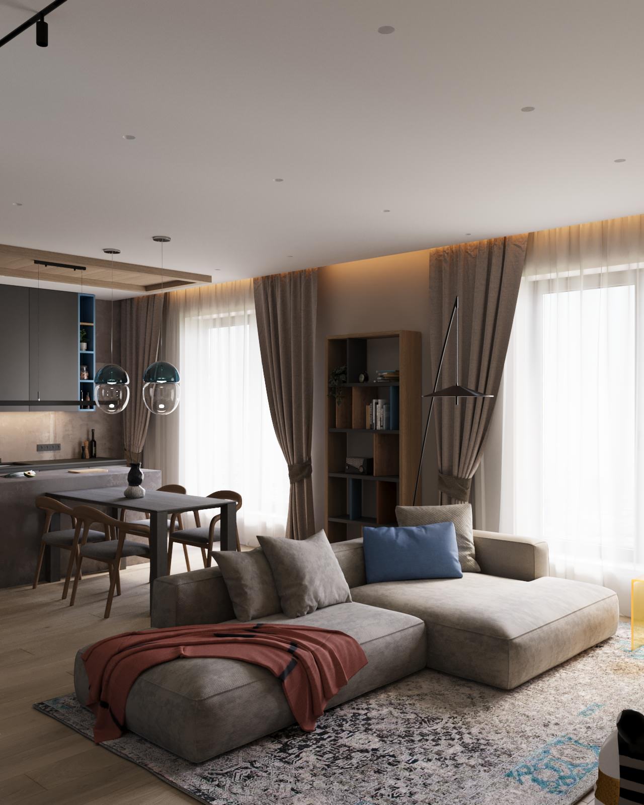 Проект двухкомнатной квартиры с объединенной кухней гостиной